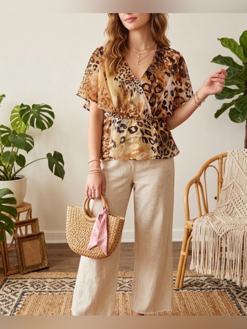 Love & piece Animal Print Flutter Sleeve Blouse - Warm Brown peplum S boho forma